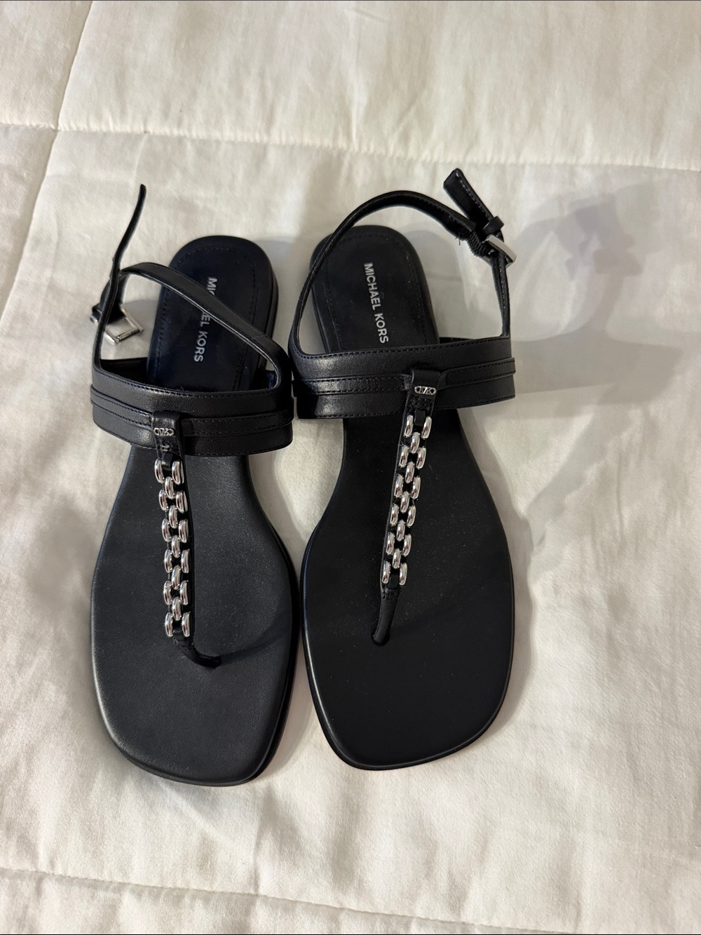 Michael Kors Black T-Strap Sandals with Silver Chain Accent